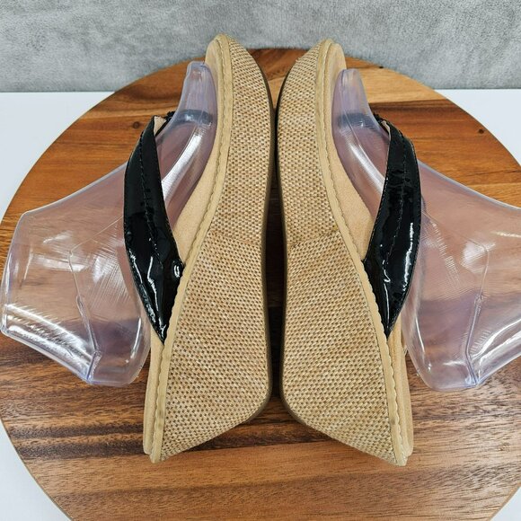 Vionic Grenada Wedge Thong Sandals 10 Black Patent Leather Woven Tan Orthopedic - Picture 10 of 14